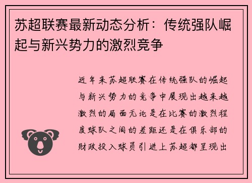 苏超联赛最新动态分析：传统强队崛起与新兴势力的激烈竞争
