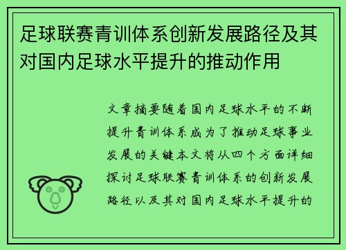 足球联赛青训体系创新发展路径及其对国内足球水平提升的推动作用