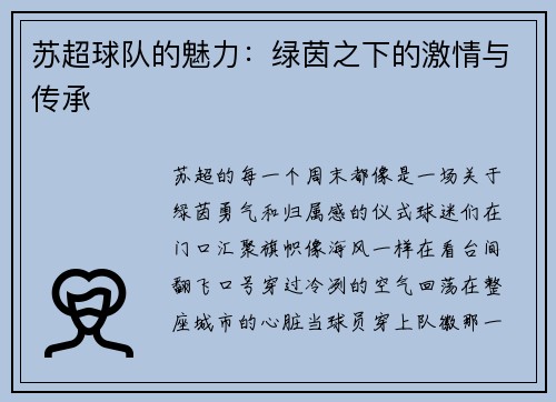 苏超球队的魅力：绿茵之下的激情与传承