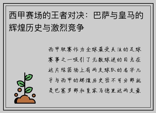 西甲赛场的王者对决：巴萨与皇马的辉煌历史与激烈竞争