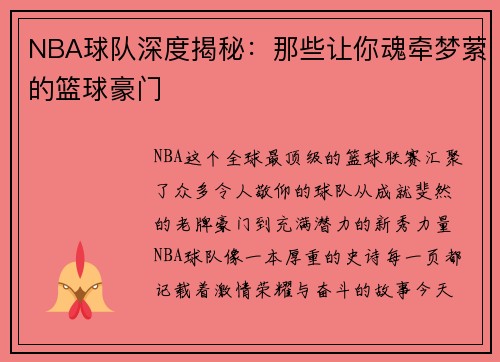 NBA球队深度揭秘：那些让你魂牵梦萦的篮球豪门