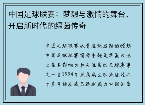 中国足球联赛：梦想与激情的舞台，开启新时代的绿茵传奇